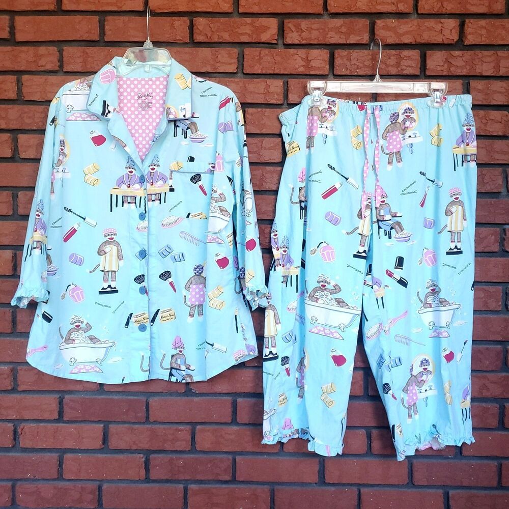 Nick & Nora 2 Pc Pajama Set Womens XXL Blue Cotton Capri Sock Monkey Bubble Bath